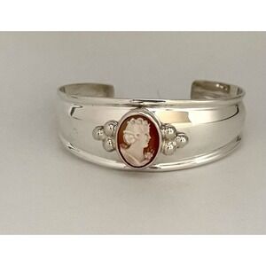 Vintage ESPO Sterling Silver Cameo Cuff Bracelet Wide Shell Carved 925